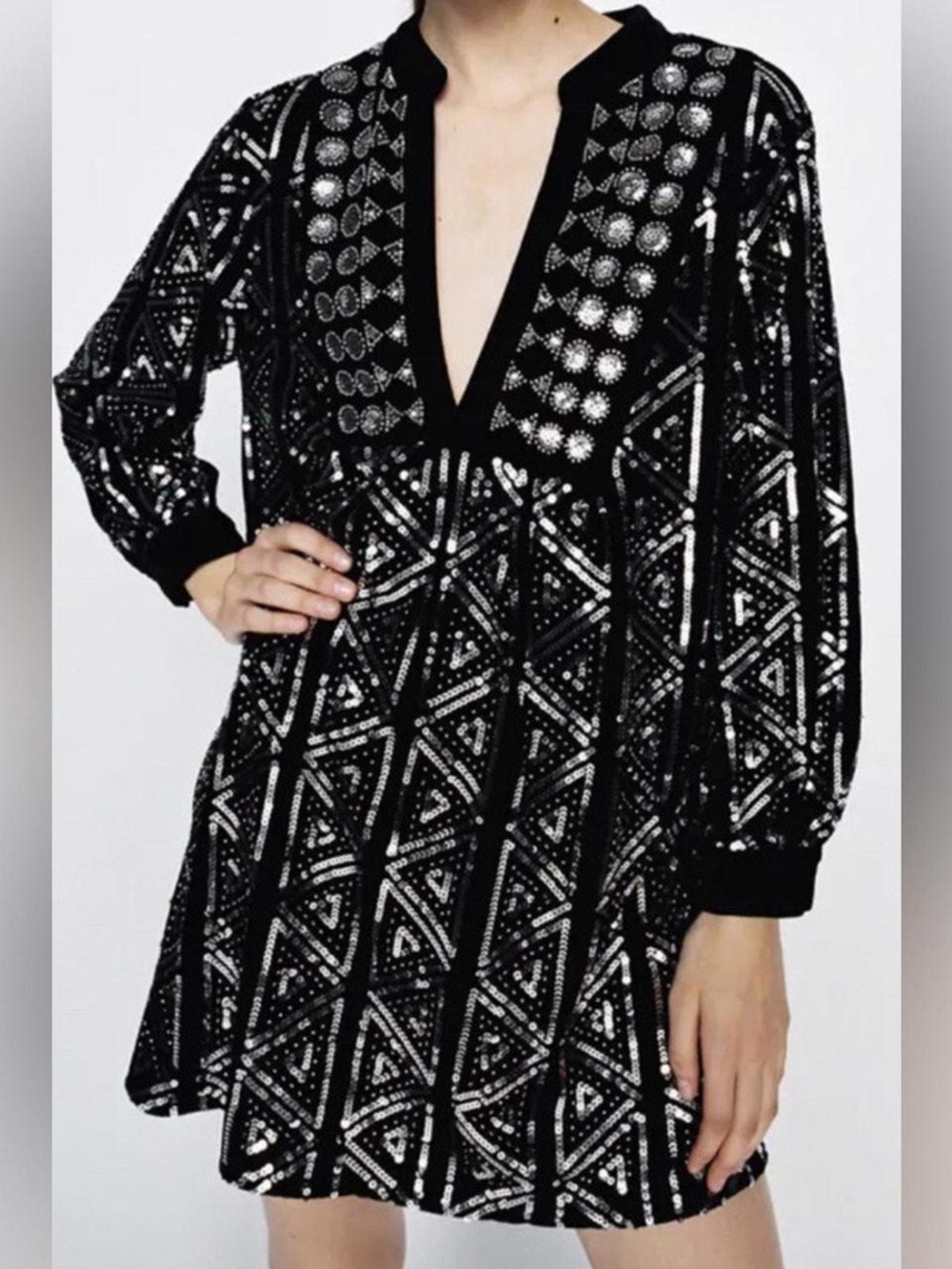 Zara Black Velvet Sequin Beaded Geometric Pop Over Mini Dress Size L